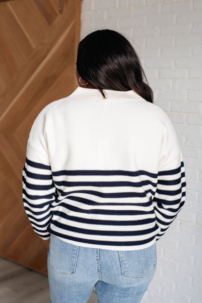 Back view of plus size Octavia Striped Sweater showing cropped relaxed silhouette.