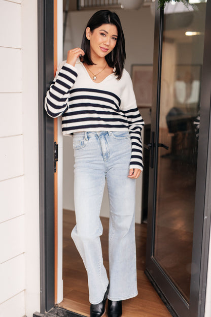 Front view of Octavia Striped Sweater showing bold stripes and soft knit texture.