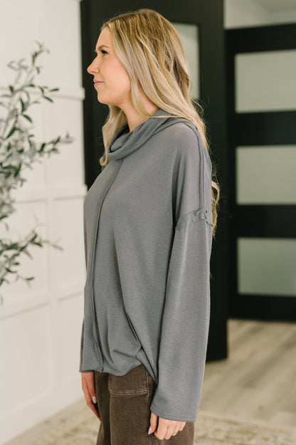 Side view of Melissa Center Seam Turtleneck with drop shoulders