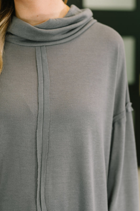 Close-up of center seam and exposed stitching on Melissa Turtleneck