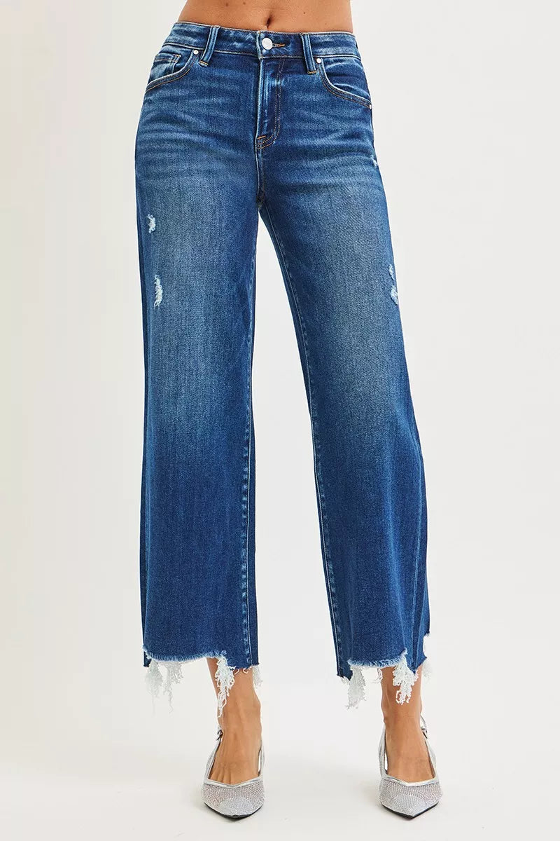 Front view of Molly High Rise Crop Wide Leg Jeans by Risen high waist and wide leg.