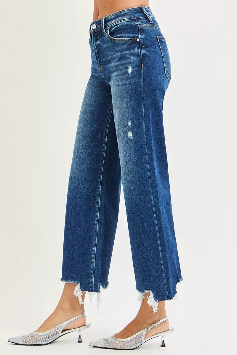 Side view of Molly High Rise Crop Wide Leg Jeans by Risen cropped wide leg silhouette.