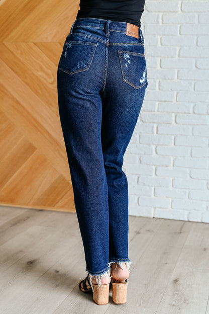 Back view of Montana High Rise Distressed Jeans with straight leg silhouette.
