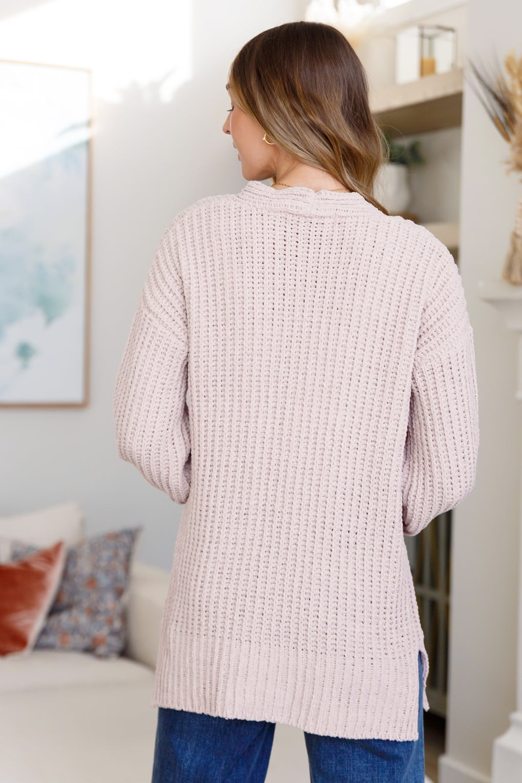 Back view of Martha Buttoned Down Cardigan showing cozy knit and relaxed fit.