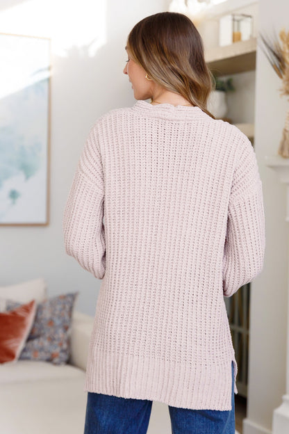 Back view of Martha Buttoned Down Cardigan showing cozy knit and relaxed fit.