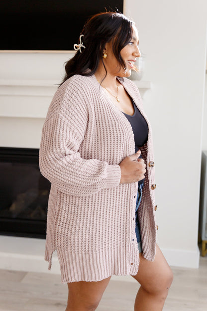 Side angle of plus size Martha Buttoned Down Cardigan highlighting drop shoulders.