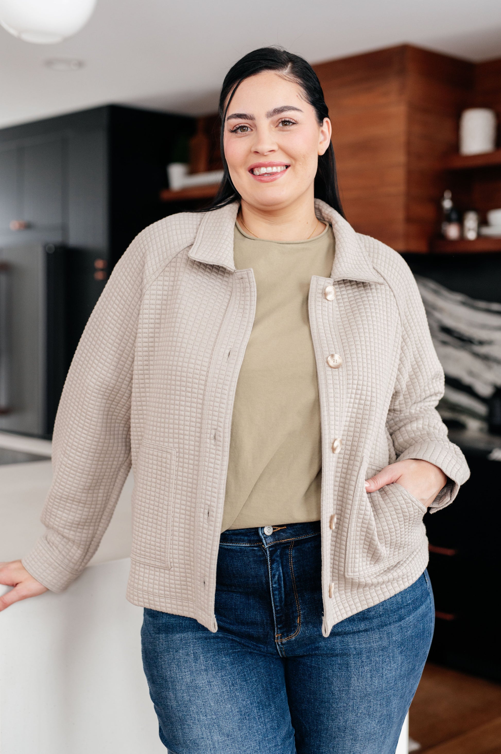 Plus size woman wearing Beste Quilted Texture Shacket, soft quilted scuba knit.