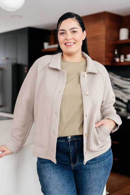 Plus size woman wearing Beste Quilted Texture Shacket, soft quilted scuba knit.