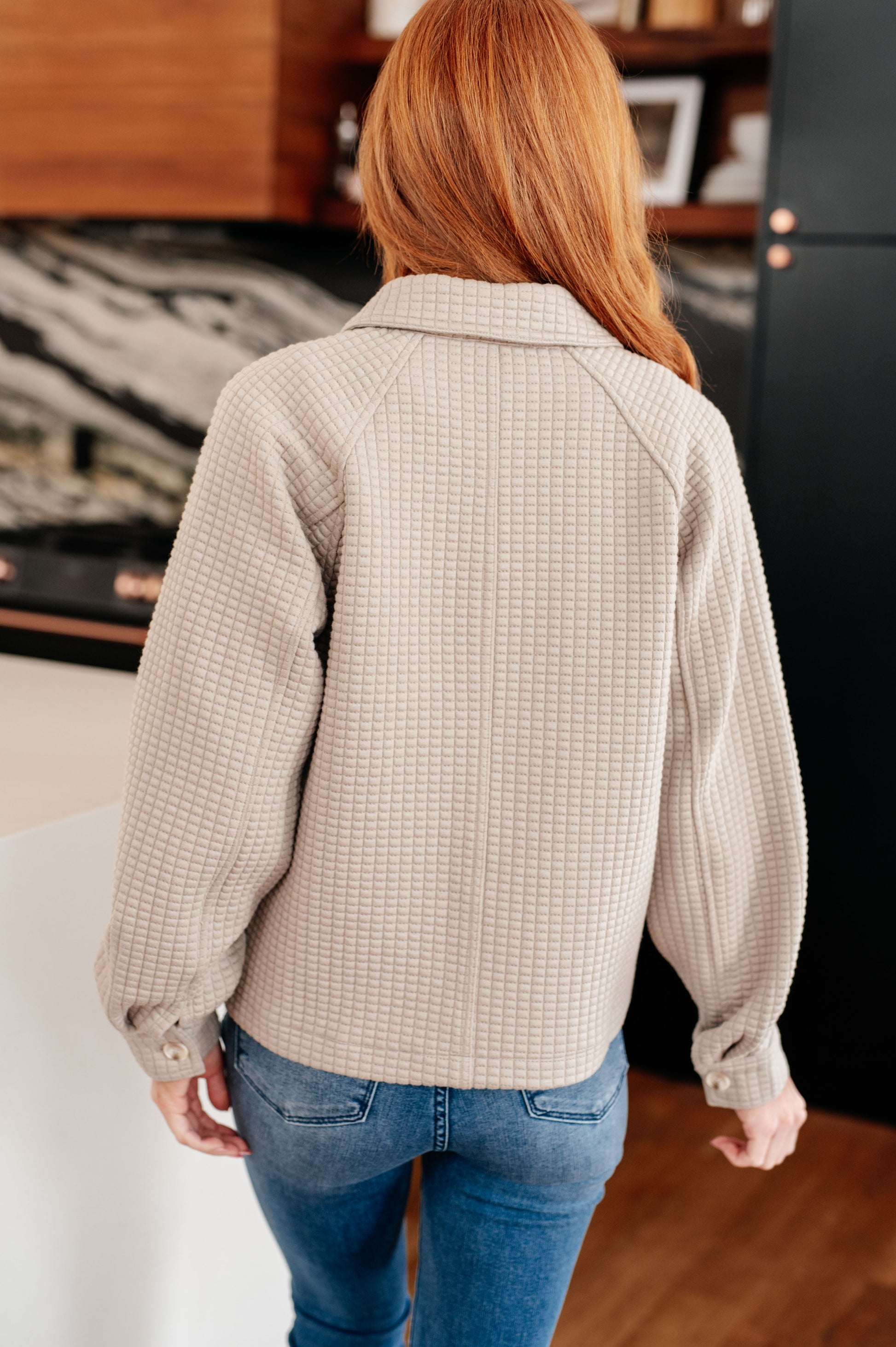 Back view of Beste Quilted Texture Shacket highlighting quilted scuba knit fabric.