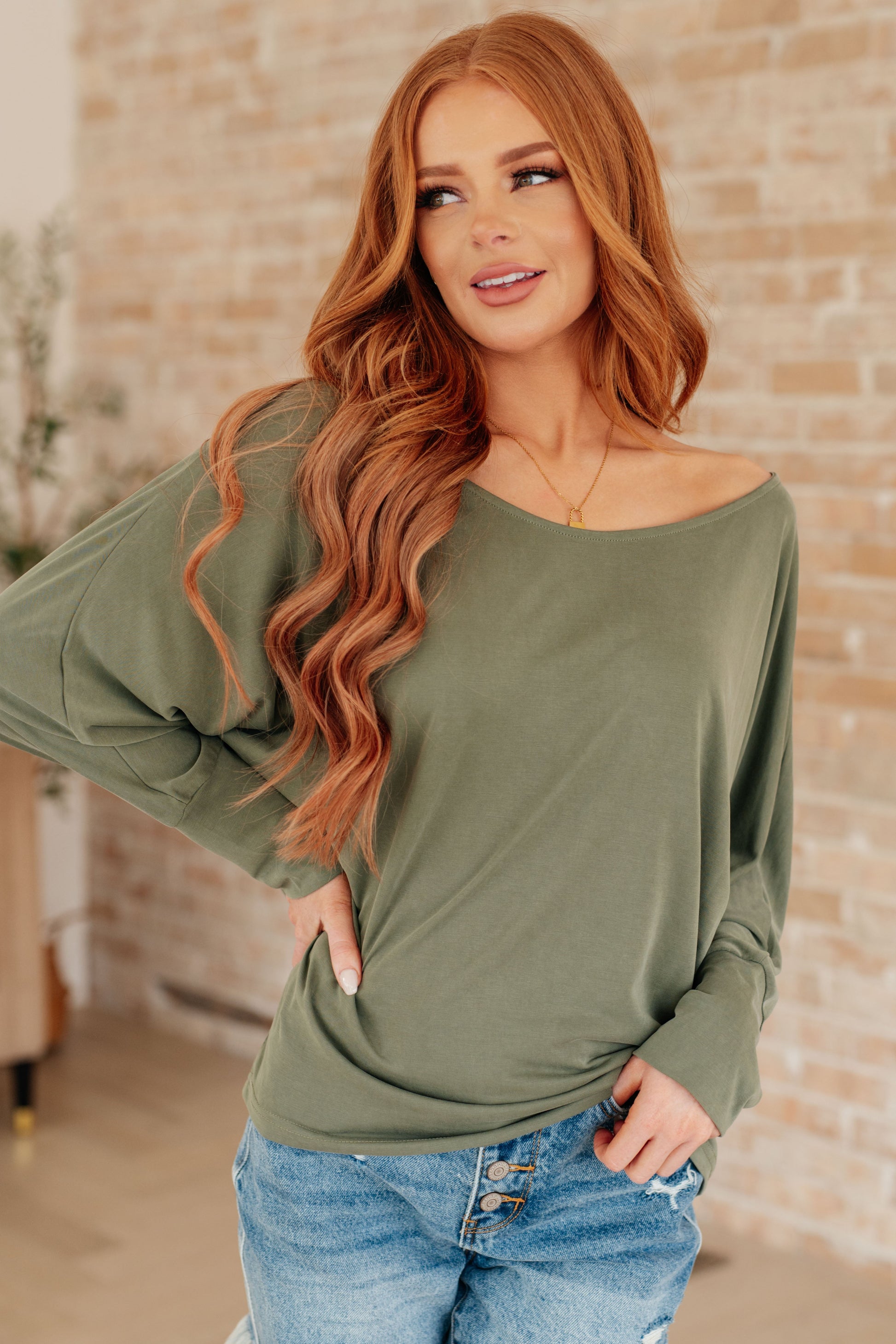 Front view of Micah Sage Long Sleeve Top showing soft brushed microfiber and relaxed fit