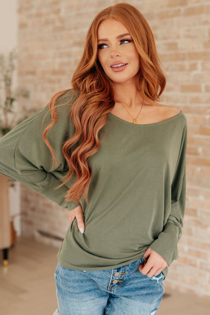 Front view of Micah Sage Long Sleeve Top showing soft brushed microfiber and relaxed fit