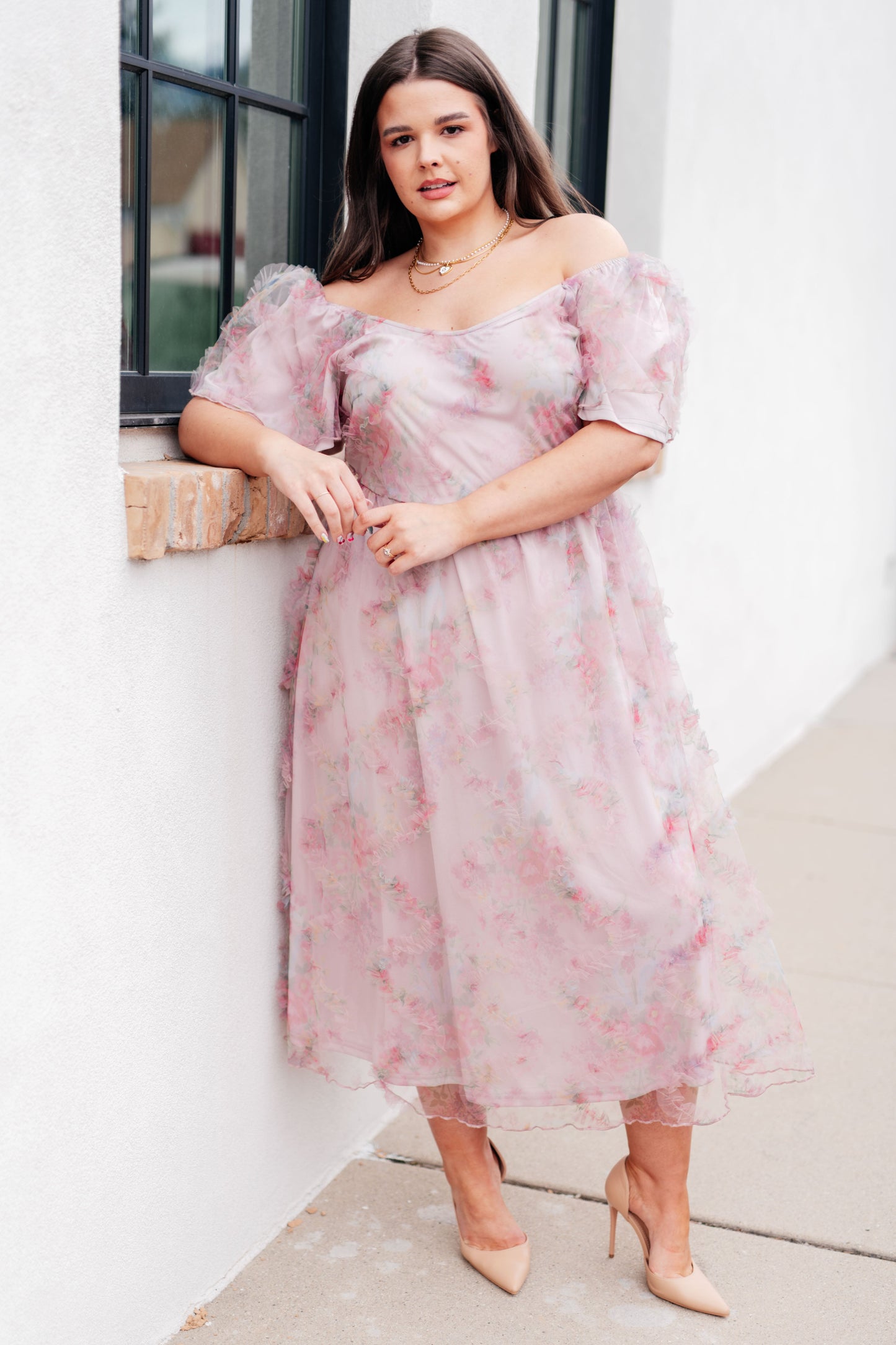 Plus size front view of Malia Flutter Sleeve Dress highlighting feminine V-neck and tulle accents