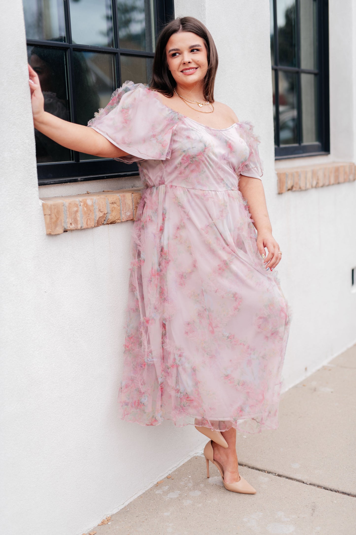 Plus size front view of Malia Flutter Sleeve Dress with flattering fit and elegant details