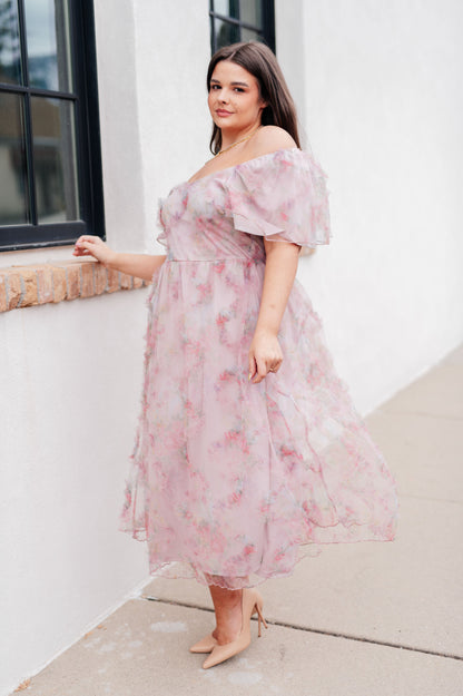 Plus size side view of Malia Flutter Sleeve Dress highlighting flutter sleeve detail and fit