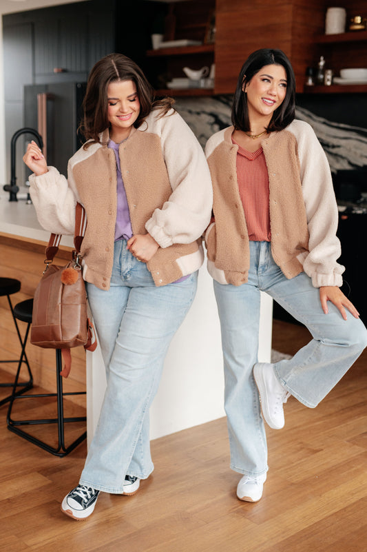 Regular and plus size models wearing the Mia Teddy Bomber Jacket highlighting comfy fleece and trim.