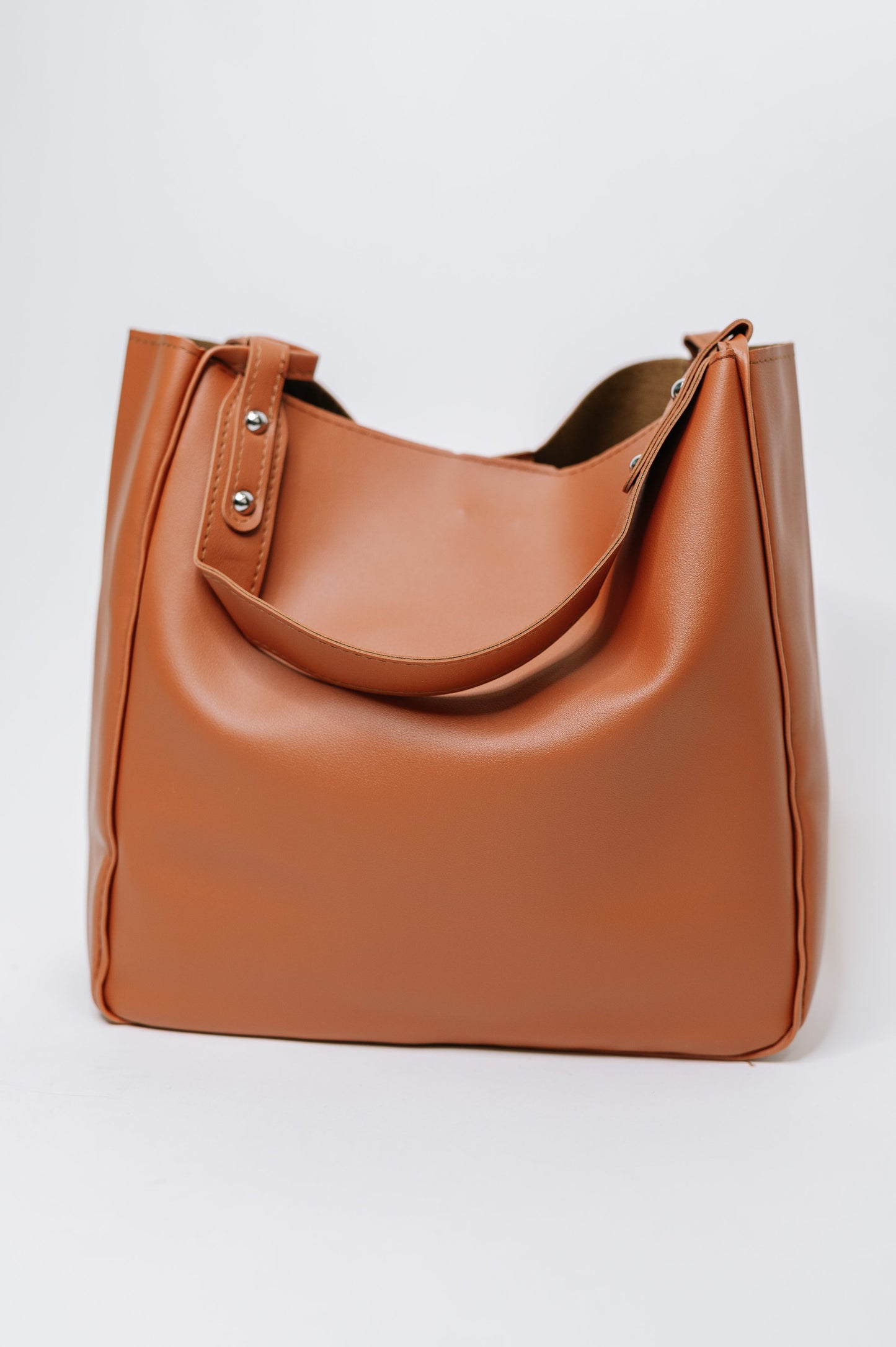 Front view of My Whole Life Shoulder Bag in Camel featuring structured faux leather design.