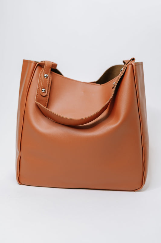 Front view of My Whole Life Shoulder Bag in Camel featuring structured faux leather design.