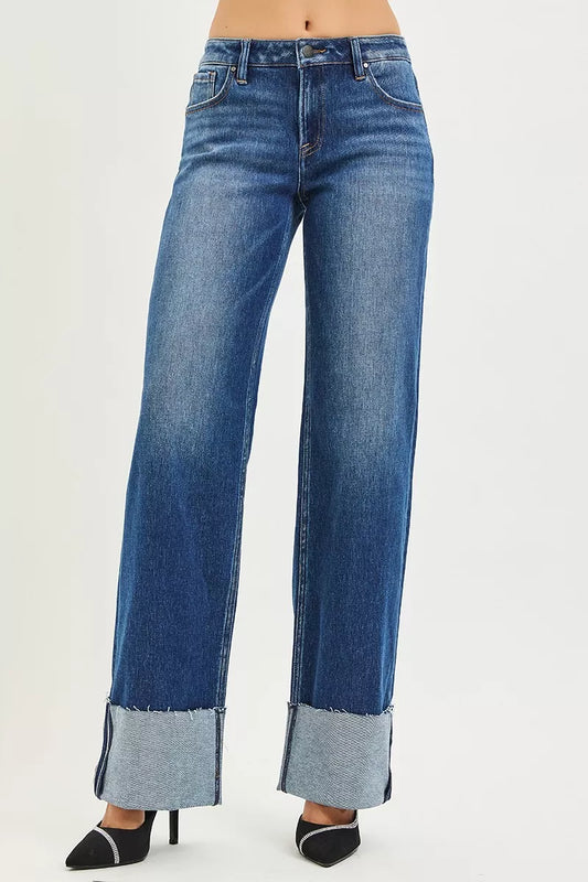 Front view of Nina Wide Straight Jeans by Risen mid rise and wide straight leg fit.
