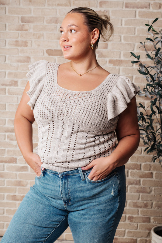 Greige pointelle knit top with square neckline and flutter sleeves, plus size fit.