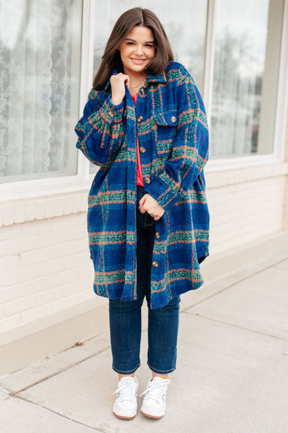 Nona Plaid Coat - Blue Brushed Flannel Midweight Jacket