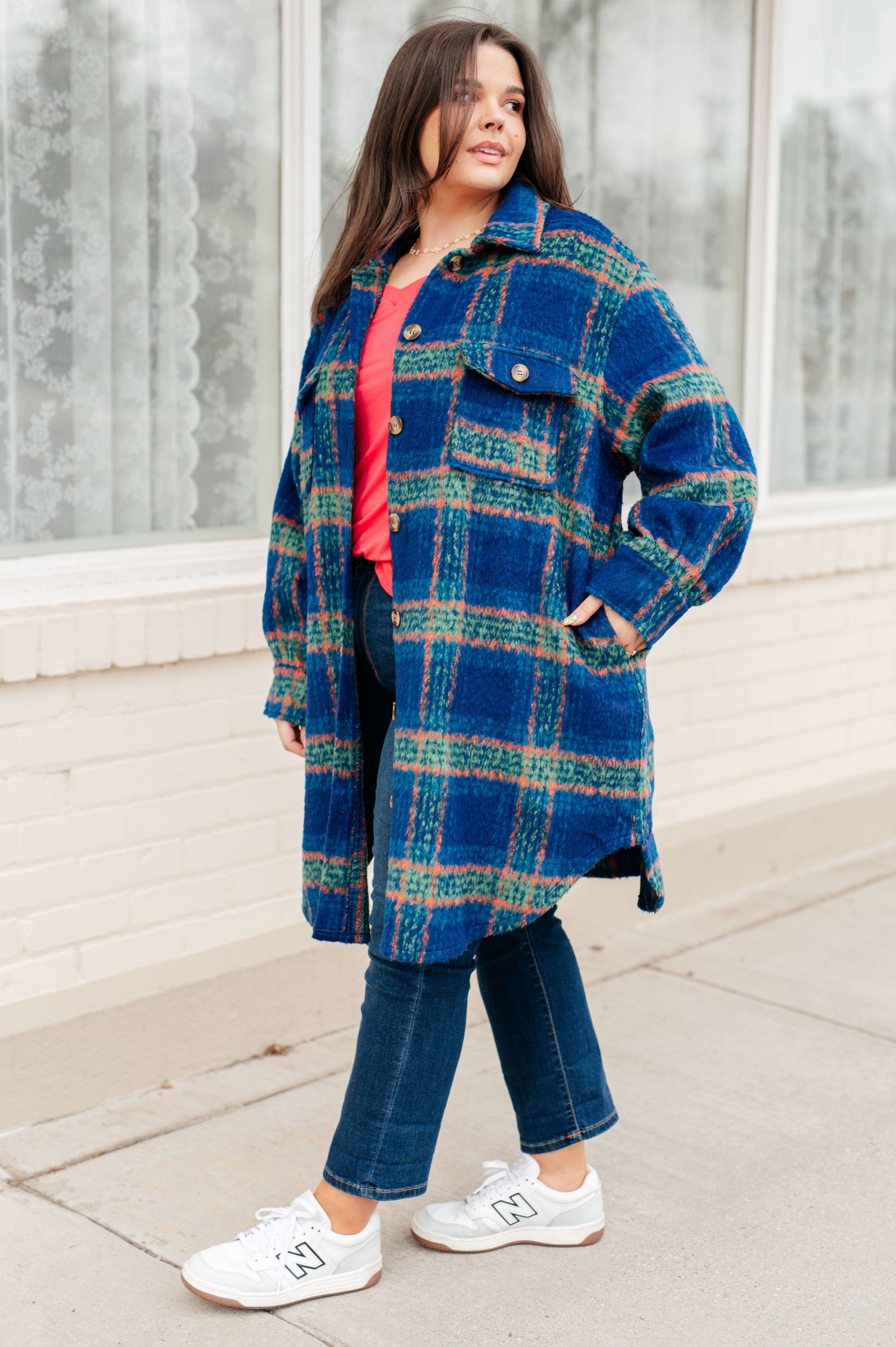 Side angle of plus size Nona Plaid Coat featuring soft brushed plaid fabric.
