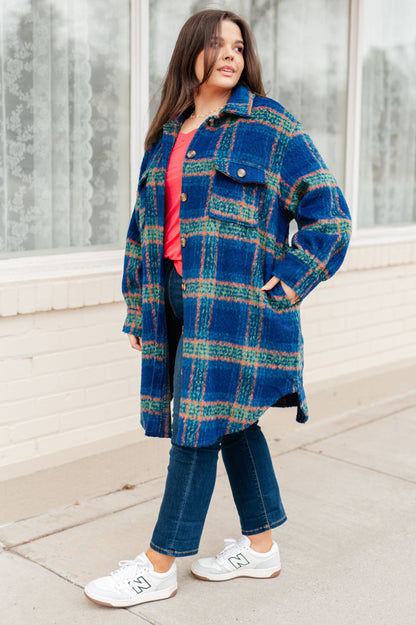 Side angle of plus size Nona Plaid Coat featuring soft brushed plaid fabric.