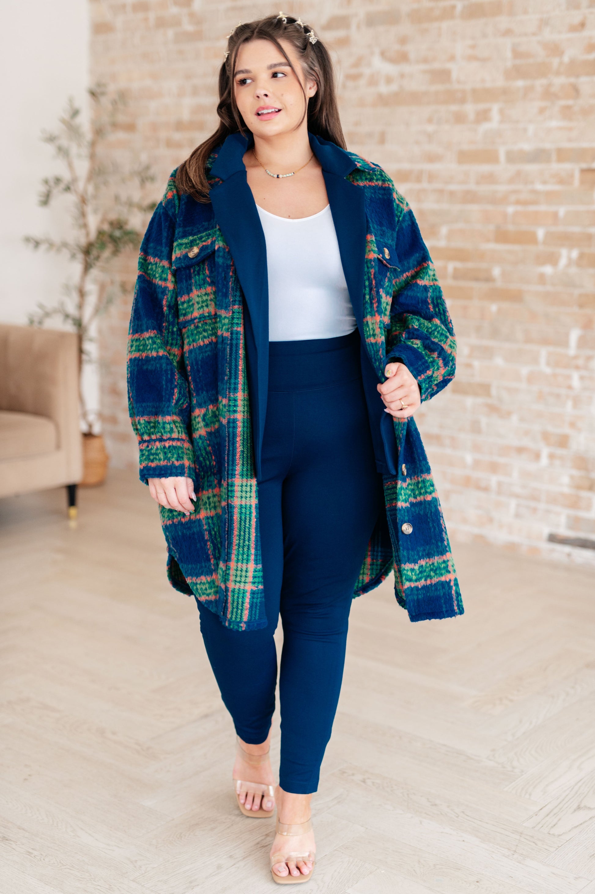 Lifestyle photo of plus size Nona Plaid Coat, perfect for fall and winter layering.