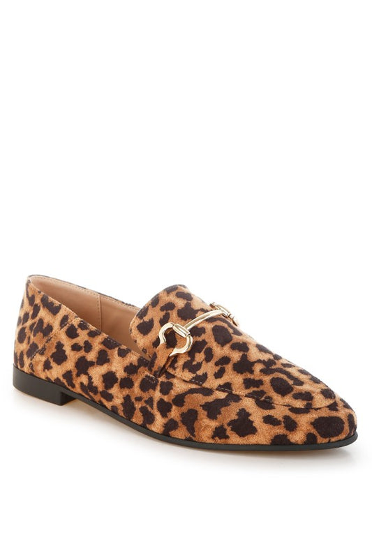 Front angled view of Noltas Leopard Print Loafers with metallic horsebit detail.

