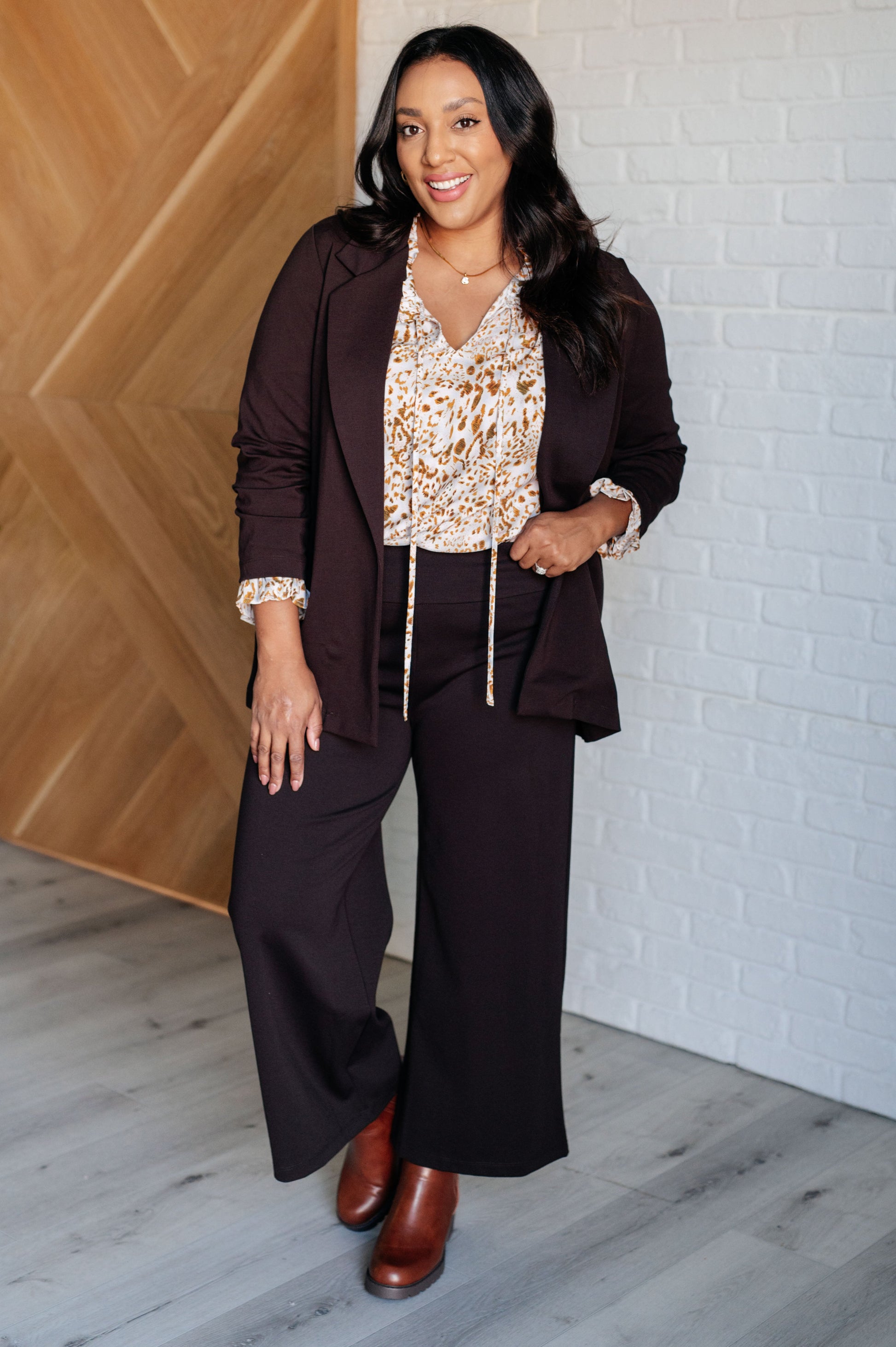 Plus size full body view of Bellamy Keyhole Tie Blouse showing relaxed fit and lightweight woven fabric.