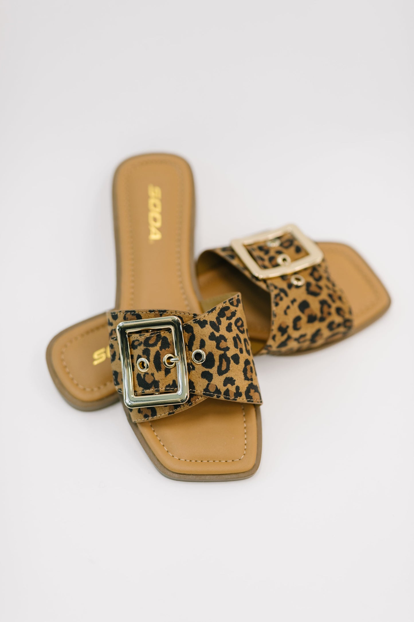 Front view of Opera Square Toe Buckle Slip On Sandal by Soda showing square toe design.