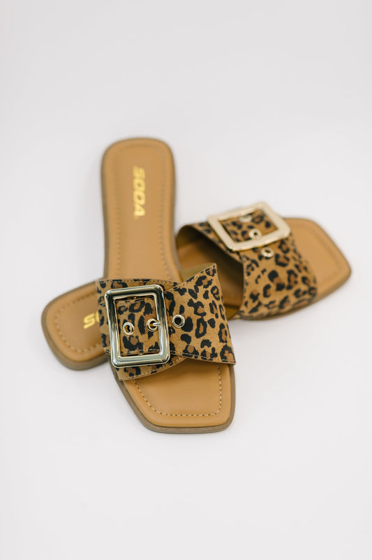 Front view of Opera Square Toe Buckle Slip On Sandal by Soda showing square toe design.