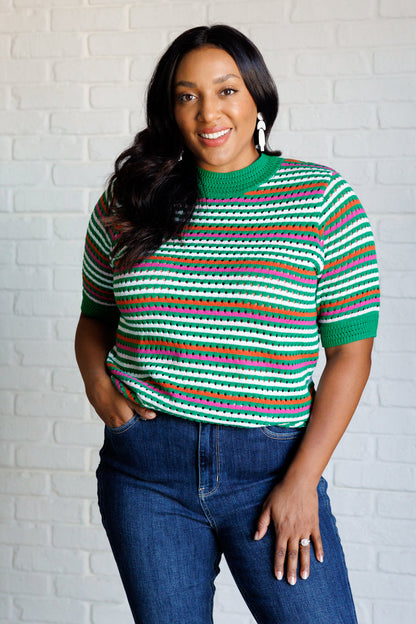 Sitarah Knit Striped Top in green featuring a high-stretch sweater knit, half sleeves, and a round neckline for casual style and comfort.