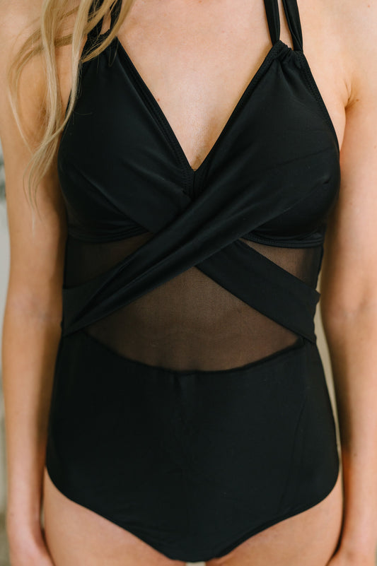 Front view of Palma Mesh Detail Halter Swimsuit showing halter tie and mesh cutout detail.