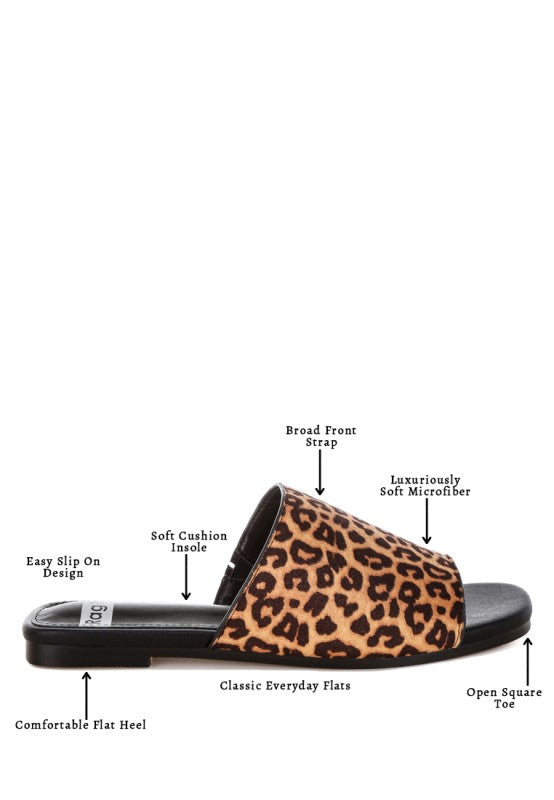 Detail shot of Everyday Panthera Leopard Print Slider Flats cushioned insole and stitching.