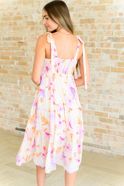 Pia Pastel Floral Midi Dress - Tiered Skirt, Square Neckline, Pastel Multi