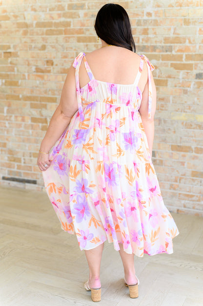 Pia Pastel Floral Midi Dress - Tiered Skirt, Square Neckline, Pastel Multi