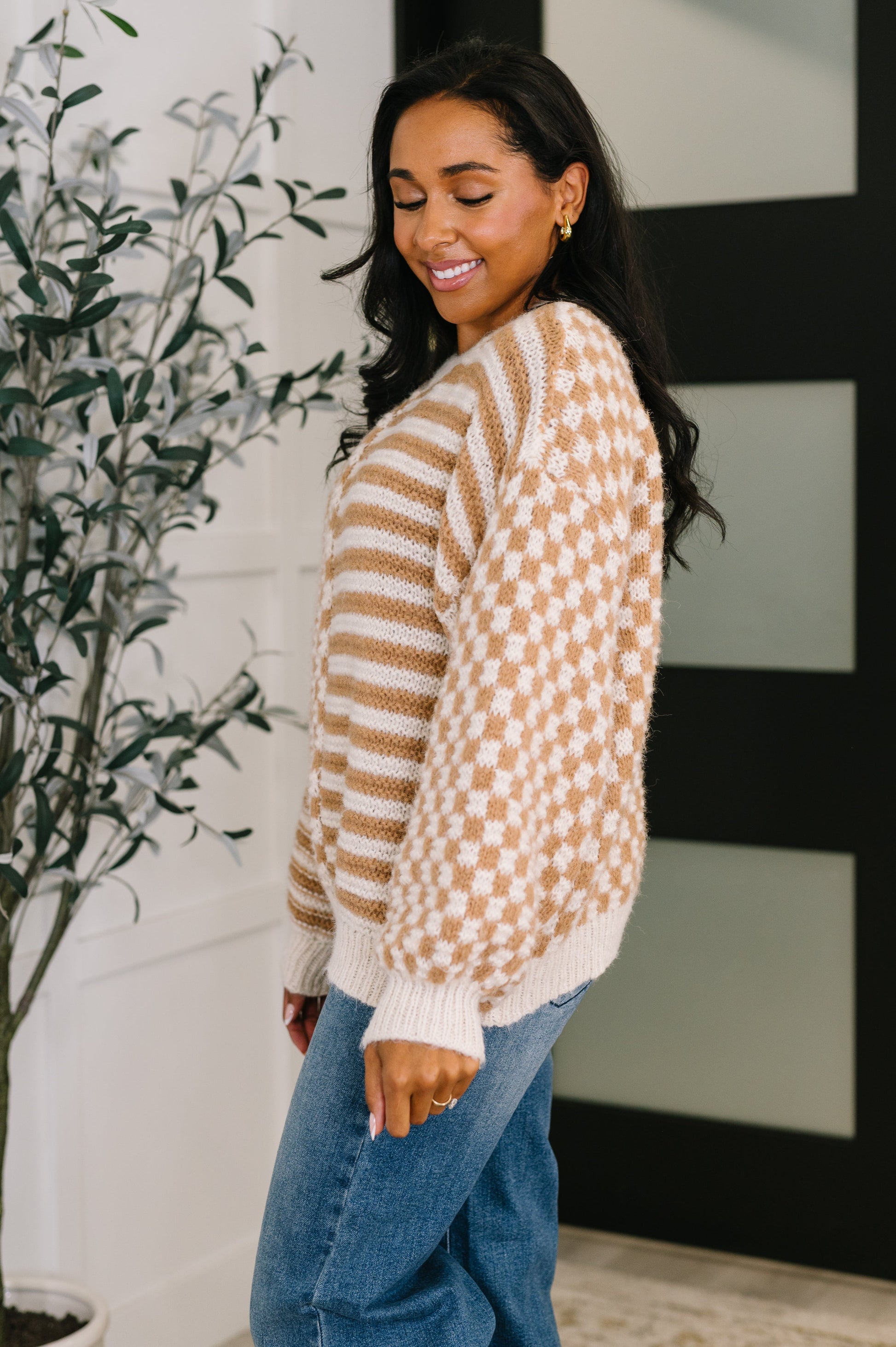 Side angle of Matilda Pullover showing drop shoulders and soft brushed knit.