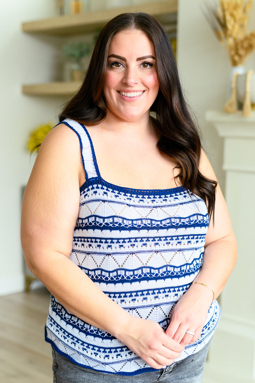 Plus size model wearing Payden Sweater Tank blue striped pointelle knit tank.