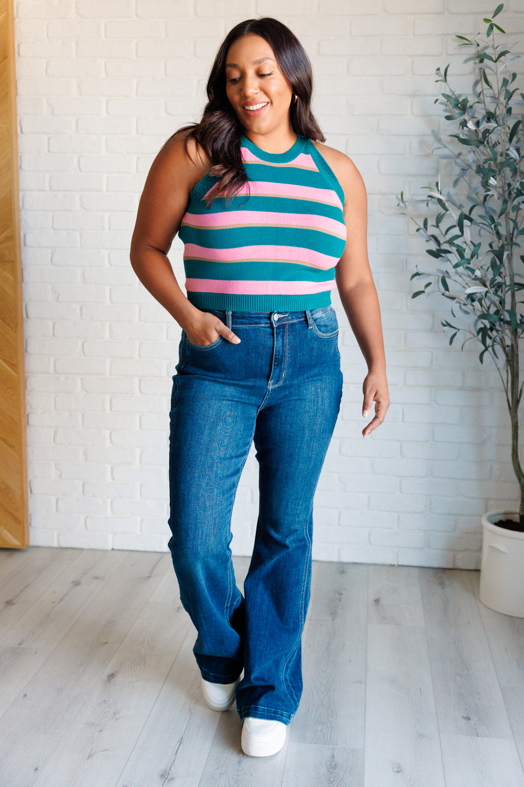 Front view of plus size Percy Knit Striped Tank round neckline detail.
