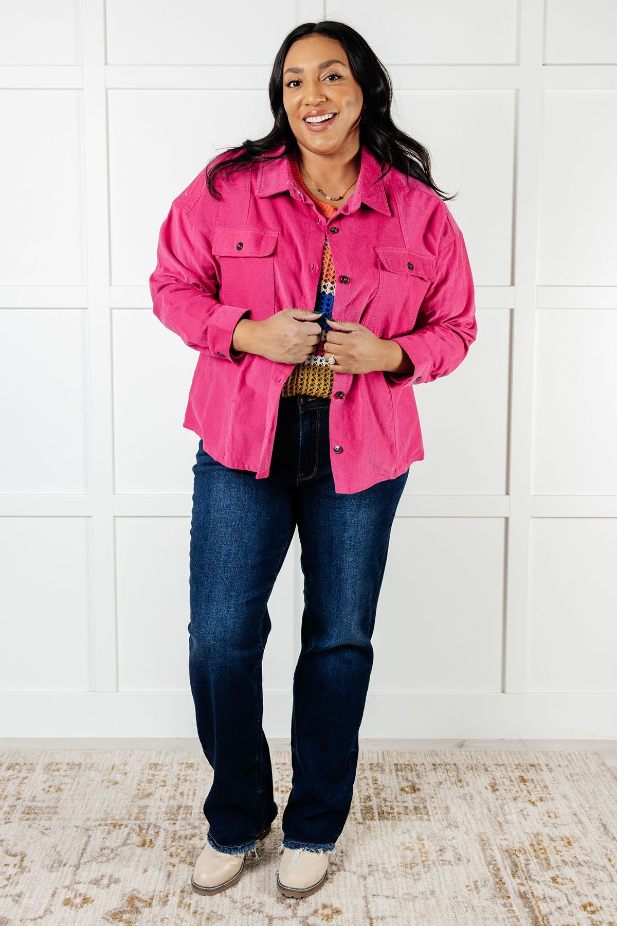Front view of plus size Poppy Pink Jacket showing button front design.