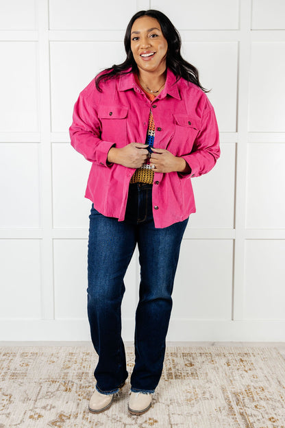 Front view of plus size Poppy Pink Jacket showing button front design.