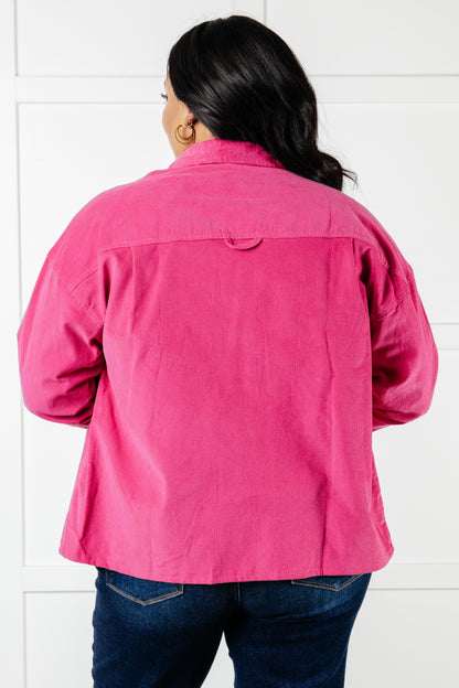 Back view of plus size Poppy Pink Jacket showing boyfriend-fit silhouette.