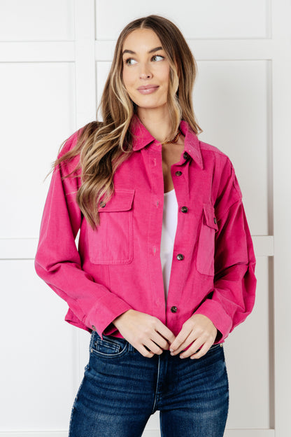 Model wearing Poppy Pink Jacket in lightweight corduroy with boyfriend fit.