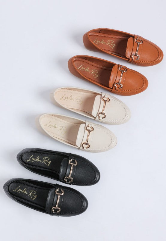 Pingle Horsebit Faux Leather Loafers in Black, cream and tan. 