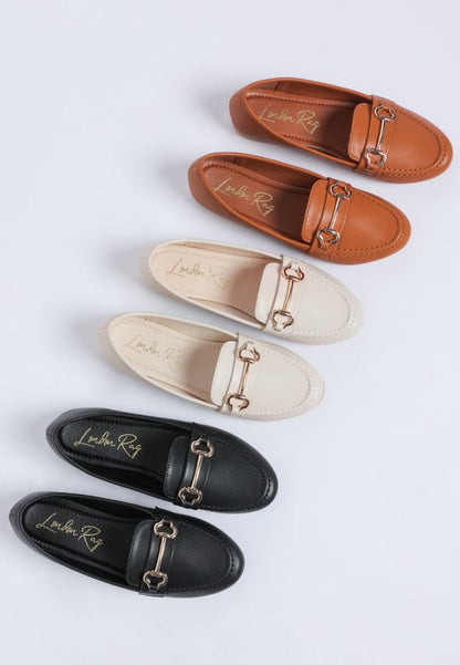 Pingle Horsebit Faux Leather Loafers in Black, cream and tan. 