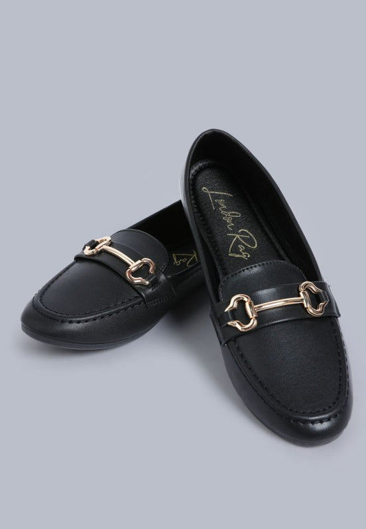 Pair shot of Pingle Horsebit Faux Leather Loafers in Black versatile everyday flats.