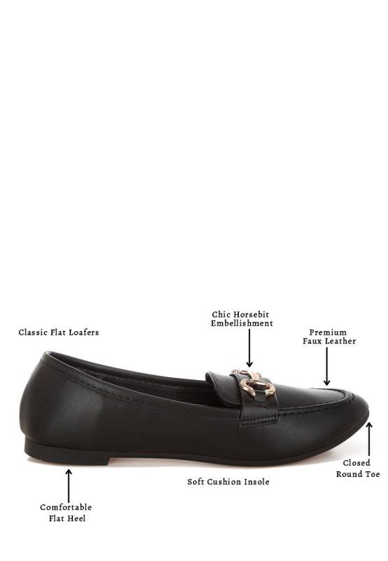 Detail view of Pingle Horsebit Faux Leather Loafers in Black stitched sole and rubber outsole.