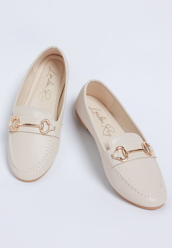 Pingle Horsebit Faux Leather Loafers in Cream front view with round toe and horsebit accent.