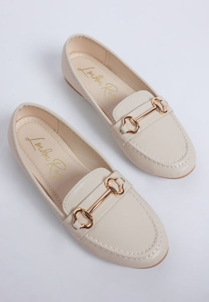 Pair shot of Pingle Horsebit Faux Leather Loafers in Cream versatile classic flats.