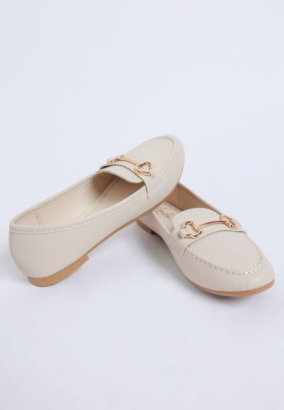 Flat lay of Pingle Horsebit Faux Leather Loafers in Cream neutral chic everyday footwear.